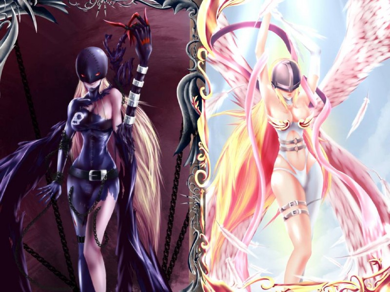 armor big_breasts blonde_hair breasts clothed clothing feathered_wings feathers female hair headgear helmet long_hair simple_background wings claarin bandai_namco digimon angel angewomon demon demon_humanoid digimon_(species) humanoid ladydevimon winged_humanoid 4:3 multiple_images