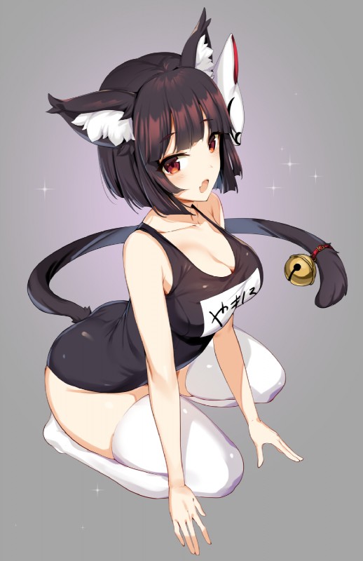 accessory bell blush breasts cleavage clothed clothing female furgonomics hair_accessory inner_ear_fluff kneeling legwear one-piece_swimsuit open_mouth red_eyes school_swimsuit solo swimwear tail tail_accessory tail_bell text text_on_clothing text_on_swimwear thigh_highs tuft ikomochi azur_lane yamashiro_(azur_lane) animal_humanoid cat_humanoid felid felid_humanoid feline feline_humanoid humanoid mammal mammal_humanoid 2018 hi_res japanese_text translated