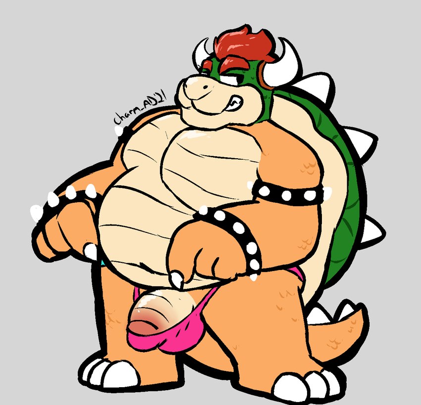 2_horns clothing genitals gesture hand_gesture horn ineffective_clothing male penis pointing pointing_at_penis solo thong underwear charmcharmcharm mario_bros nintendo bowser koopa scalie hi_res