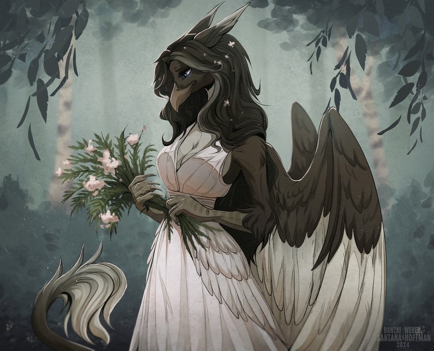 anthro black_hair blue_eyes brown_body brown_feathers brown_wings clothed clothing dress ears_back feathered_wings feathers female flower glistening glistening_eyes hair holding_flower holding_object long_hair mouth_closed outside pivoted_ears plant solo standing tail tail_tuft tuft white_body white_clothing white_dress white_feathers white_wings wings santanahoffman avian hi_res portrait three-quarter_portrait