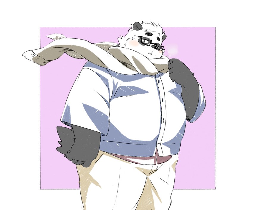 anthro belly big_belly black_body black_nose blush bottomwear clothing eyewear glasses kemono male overweight overweight_male pants scarf shirt solo topwear white_body inunoshippo vtuber sasayama_akira bear giant_panda mammal 2023 hi_res