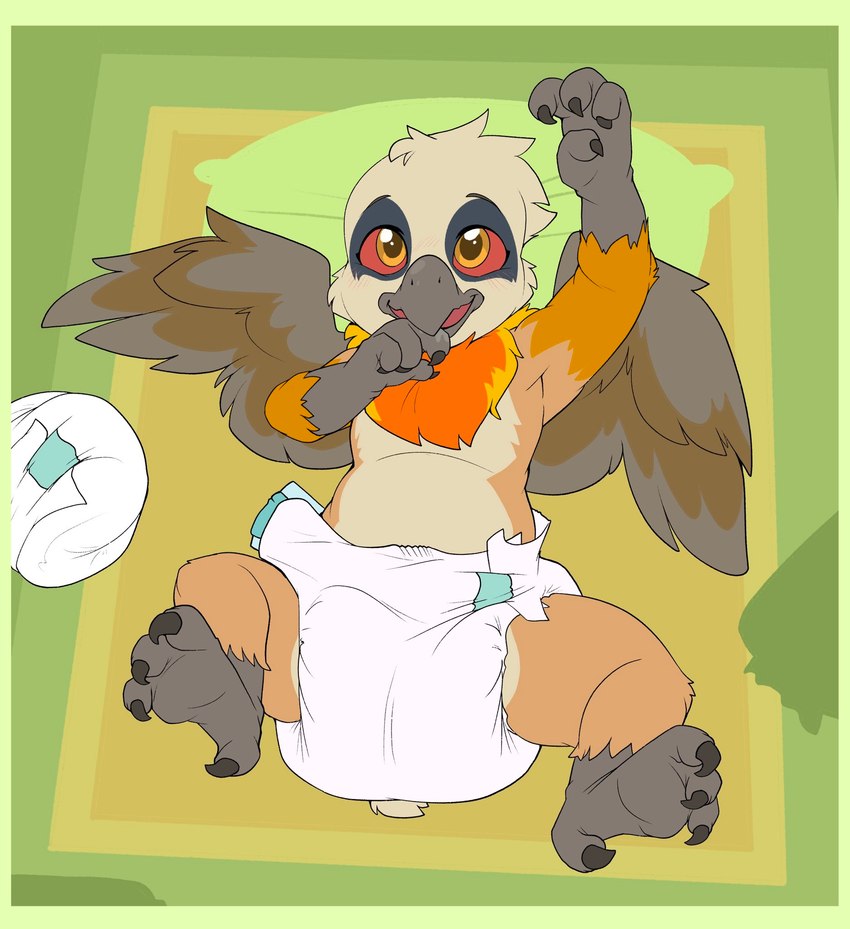 ambiguous_gender anthro balled_up_diaper beak bite bodily_fluids claws clothing diaper diaper_change discarded_diaper drooling feet finger_bite finger_in_mouth looking_at_viewer lying on_back pillow saliva solo talons toes unfastened_diaper wings young young_anthro bubblepuppers mythology avian gryphon mythological_avian mythological_creature hi_res