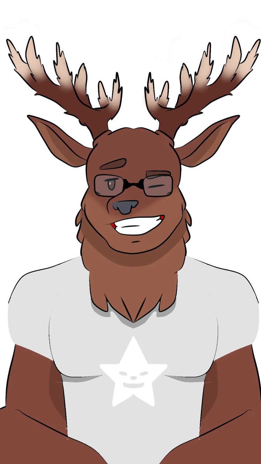 anthro antlers blinking brown_body brown_fur clothing eyewear fur glasses grinding horn male shirt smile solo star t-shirt topwear bonnieroyal anom_hirsch_(the_preydator) anom_hirsch cervine deer mammal red_deer 9:16 hi_res