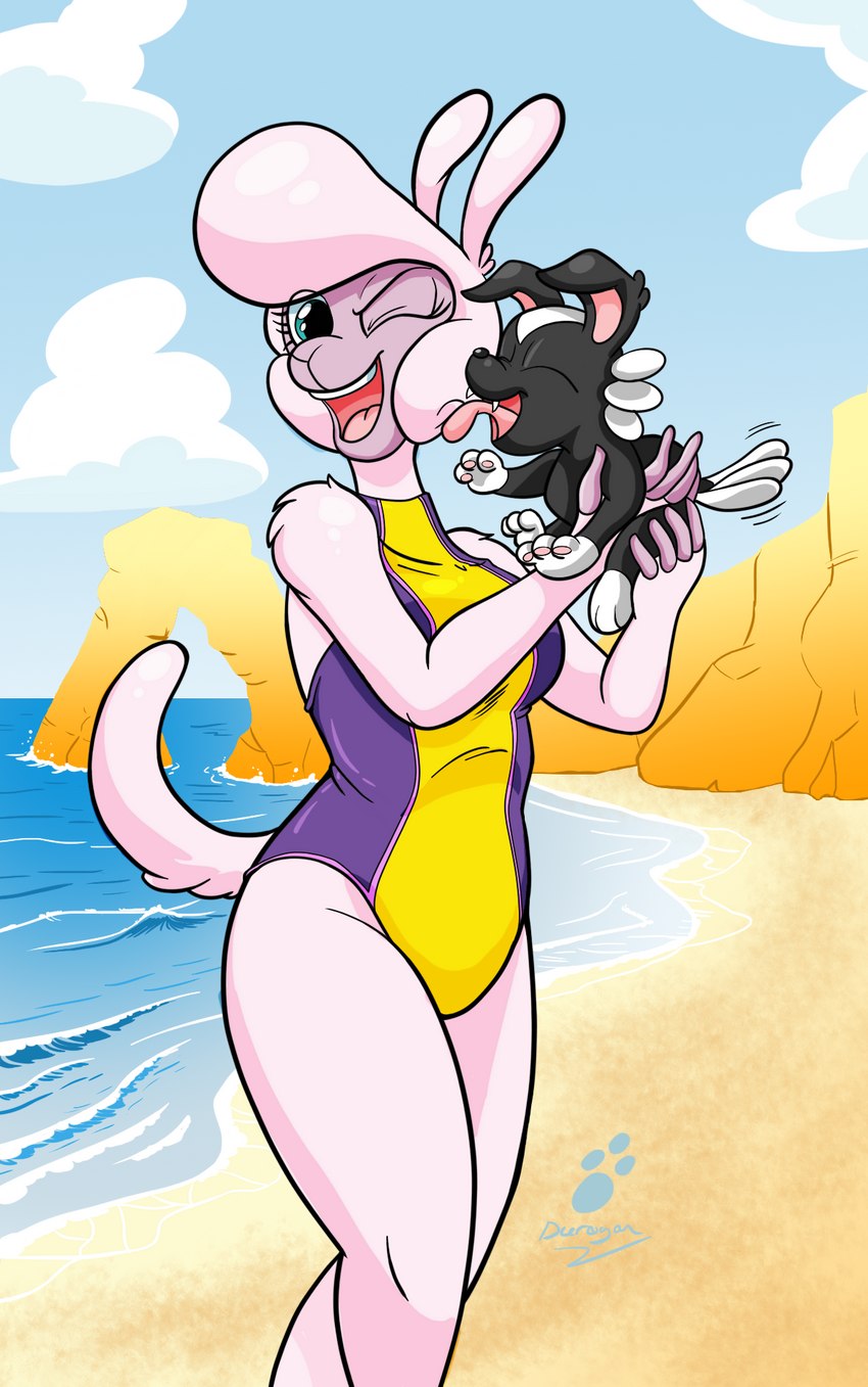 5_fingers anthro anthro_focus anthrofied beach blue_eyes breasts cheek_lick clothing cloud crossed_legs duo eyelashes eyes_closed face_lick female feral fingers fur happy holding_animal holding_character licking one-piece_swimsuit one_eye_closed open_mouth open_smile pink_body pink_fur pose sand sea seaside sky smile solo_focus summer swimwear tail tail_motion tailwag teal_eyes tongue tongue_out water wave duragan them's_fightin'_herds pom_(tfh) bovid canid canine canis caprine domestic_dog domestic_sheep herding_dog mammal pastoral_dog sheep sheepdog 2021 hi_res pinup