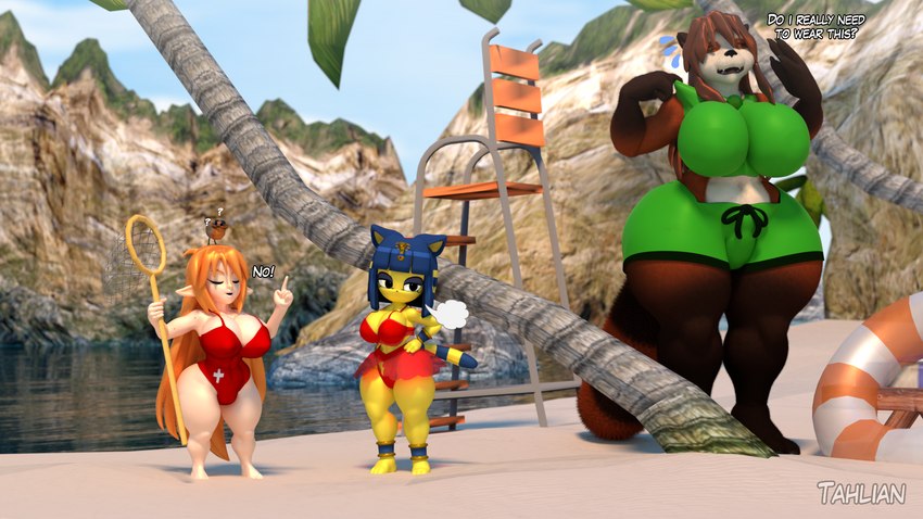 anthro beach big_breasts bikini blue_hair breasts brown_body brown_fur brown_hair cleavage clothed clothing curvy_figure detailed_background dialogue eyes_closed eyeshadow female fingers fluffy fluffy_tail freckles fur group hair hand_on_hip high_chair hourglass_figure huge_breasts humanoid_pointy_ears lifeguard light-skinned_female light_body light_skin long_hair long_tail makeup multicolored_body multicolored_fur net one-piece_swimsuit orange_hair outside pointy_ears question_mark red_body red_fur seaside short_stack simple_eyes size_difference small_waist standing swimwear tail text thick_thighs trio two-piece_swimsuit white_body white_fur wide_hips yellow_body yellow_fur tahlian animal_crossing blizzard_entertainment nintendo warcraft ankha_(animal_crossing) felicia_(tahlian) kimiko_(tahlian) avian bear bird domestic_cat elf felid feline felis humanoid mammal pandaren red_pandaren 16:9 2020 3d_(artwork) artist_name blender_(artwork) digital_media_(artwork) english_text hi_res watermark widescreen