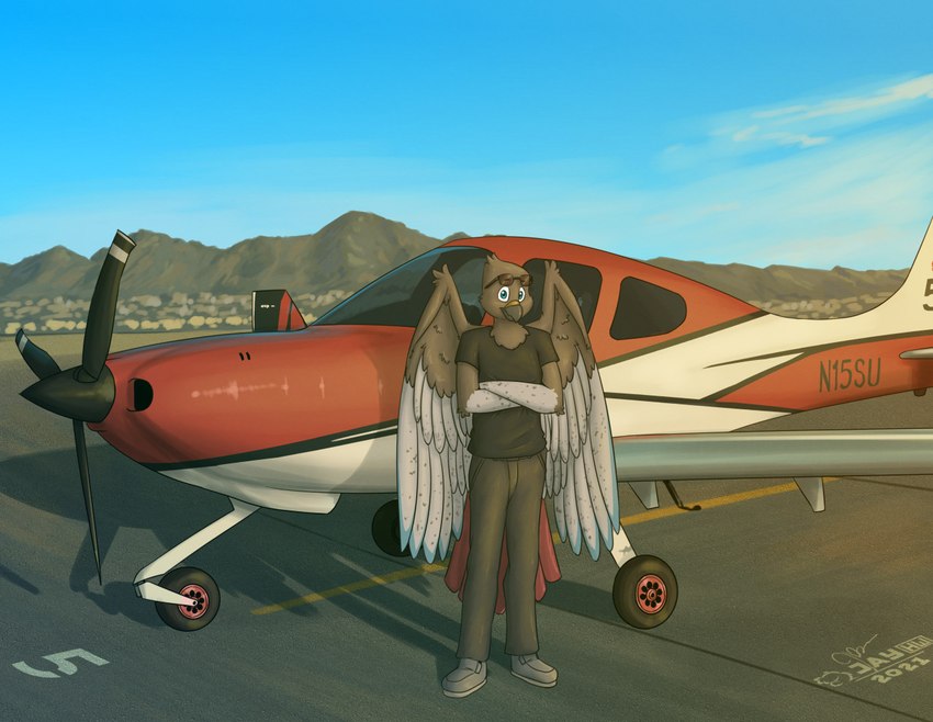 aircraft airport anthro arm_tuft back_wings beak black_clothing black_shirt black_t-shirt black_topwear blue_eyes blue_sky bottomwear brown_beak brown_body brown_bottomwear brown_clothing brown_eyebrows brown_feathers brown_pants building cheek_tuft chest_tuft clothing crossed_arms detailed_background dipstick_wings elbow_tuft eyebrows eyewear eyewear_on_head facial_tuft feathers footwear gloves_(marking) grey_clothing grey_footwear grey_shoes head_tuft large_wings logo looking_at_viewer male markings mountain pants propeller red_body red_feathers shirt shoes sky solo speckled standing sunglasses sunglasses_on_head t-shirt topwear tuft vehicle white_body white_cloud white_feathers wing_tuft wings sammfeatblueheart blitz_(its_blitz) accipitrid accipitriform avian bird buteo chickenhawk red-tailed_hawk 2021 artist_logo shaded signature