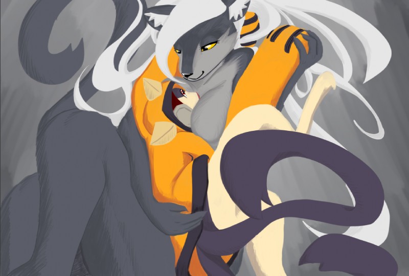 breasts clothed clothing duo eye_patch eyewear female fur hair hug male multi_tail red_eyes simple_background smile tail yellow_eyes dragonweirdo arc_system_works blazblue sdorica fatima_eaglefeather jubei_(blazblue) felid kaka_(blazblue) mammal digital_media_(artwork)