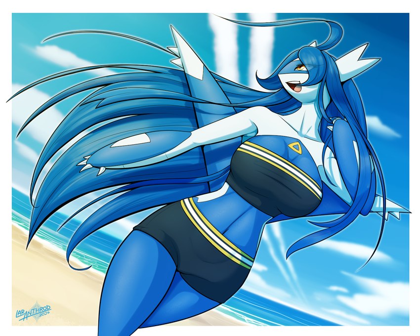 anthro beach belly blue_belly blue_body blue_hair bottomwear breasts brown_eyes claws cleavage clothed clothing cloud crossgender detailed_background female finger_claws hair long_hair looking_aside open_mouth outside pupils sand seascape sky solo teeth tongue topwear water latiar nintendo pokemon fan_character laurel_misora generation_3_pokemon latios legendary_pokemon pokemon_(species) 2024 5:4 artist_name digital_media_(artwork) hi_res