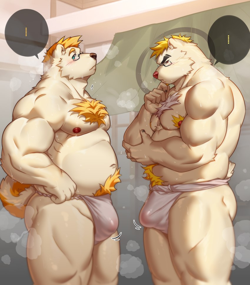 anthro anthro_on_anthro asian_clothing barazoku biped body_hair bulge chest_hair clothing duo east_asian_clothing ellipsis eyebrows eyewear facial_hair fingers fundoshi fur glasses japanese_clothing kemono male male/male muscular muscular_male navel nipples pecs speech_bubble tail underwear littef littef_(character) bear mammal 2024 hi_res brother_(lore) brothers_(lore) incest_(lore) sibling_(lore) twincest_(lore) twins_(lore)