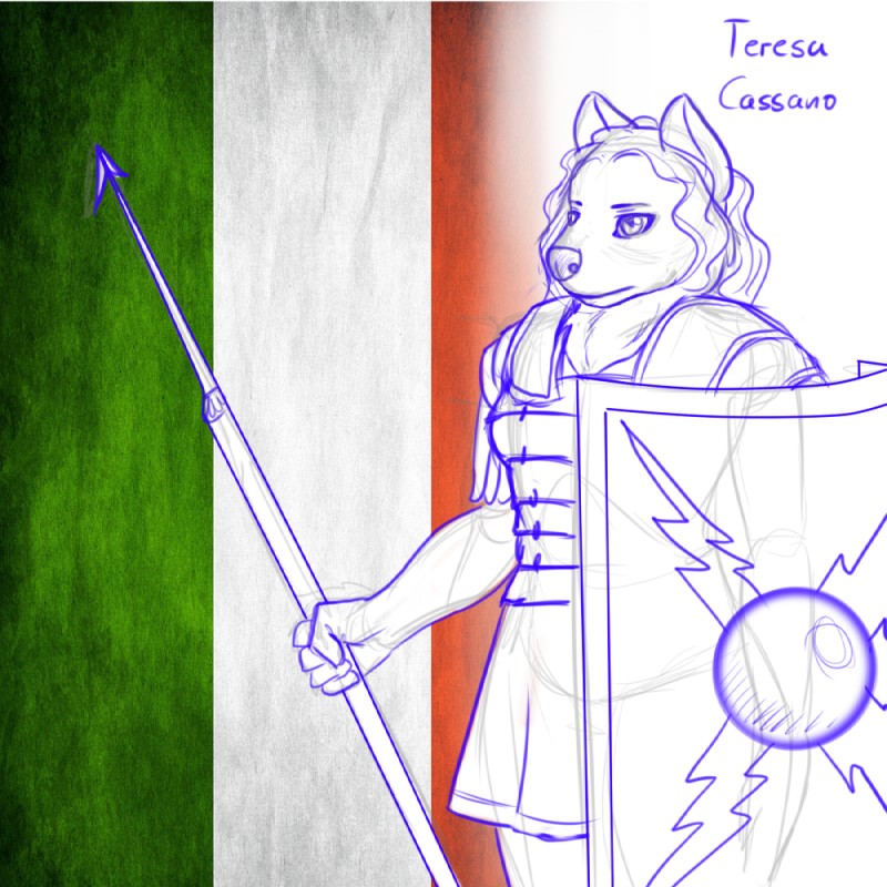 anthro armor bottomwear clothing female italian_flag italy legionary legionnaire melee_weapon pilum polearm roman scutum shield skirt solo spear text uniform weapon blackbetty canid canine canis mammal wolf 1:1