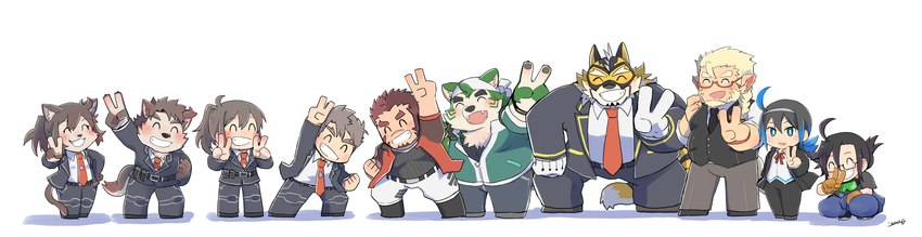 anthro black_hair blonde_hair brown_body brown_fur brown_hair chibi clothing female fur green_body green_fur group hair male mask necktie suit igarashi_ta lifewonders live_a_hero akashi_(live_a_hero) cat_operator crowne_(live_a_hero) dog_operator female_operator huckle male_operator mokdai protagonist_(live_a_hero) sui_(live_a_hero) canid canine canis domestic_dog felid human humanoid mammal pantherine tiger absurd_res hi_res