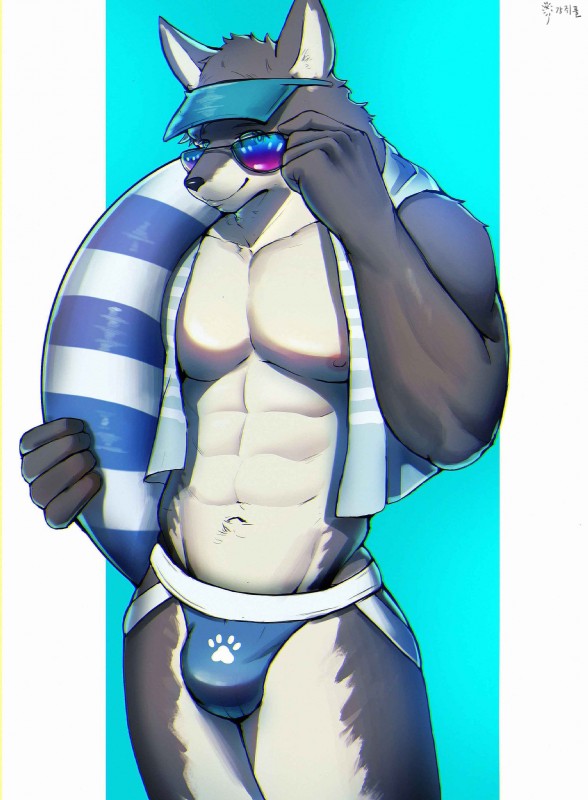 abs anthro biceps black_nose bulge clothing eyewear fur jockstrap looking_at_viewer male muscular muscular_anthro muscular_male nipples pecs solo summer sunglasses topwear underwear vest visor dkqksms1004 canid canine canis domestic_dog husky mammal nordic_sled_dog spitz 2018 hi_res