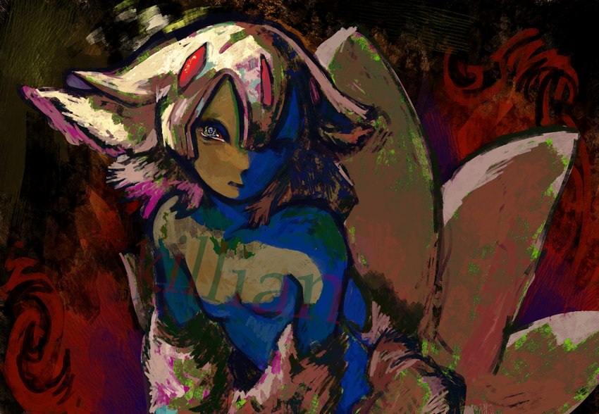 3_tails 4_arms female fluffy fluffy_hair fluffy_paws fluffy_tail hair multi_arm multi_limb multi_tail painted_background safe_nudity solo tail young killiians made_in_abyss faputa narehate absurd_res hi_res watermark