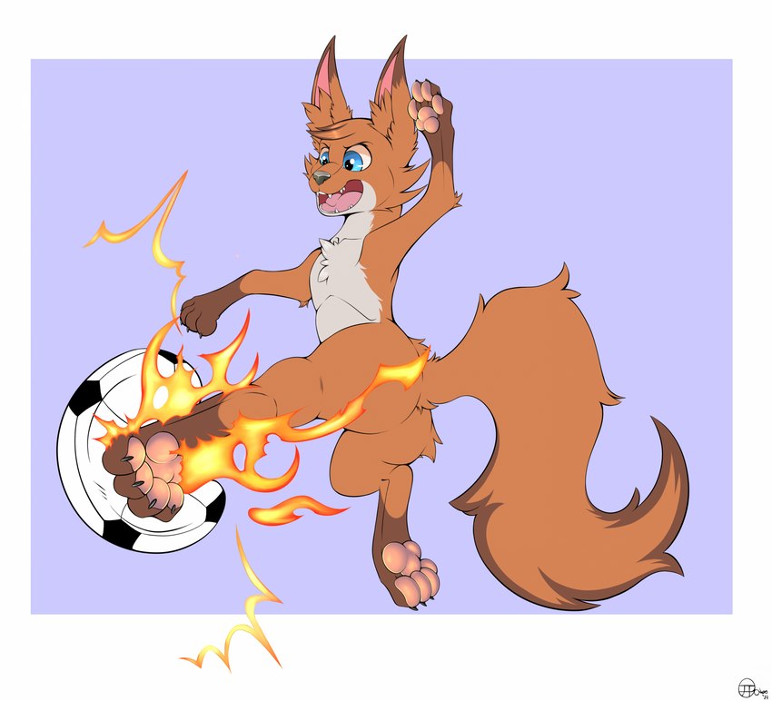 ball butt chest_tuft claws ears_up fangs feral fire flaming_kick fur inner_ear_fluff kick kicking_ball male midair open_mouth paws soccer_ball solo teeth tongue tuft wide_eyed jimfoxx canid canine fox mammal 2023 hi_res signature