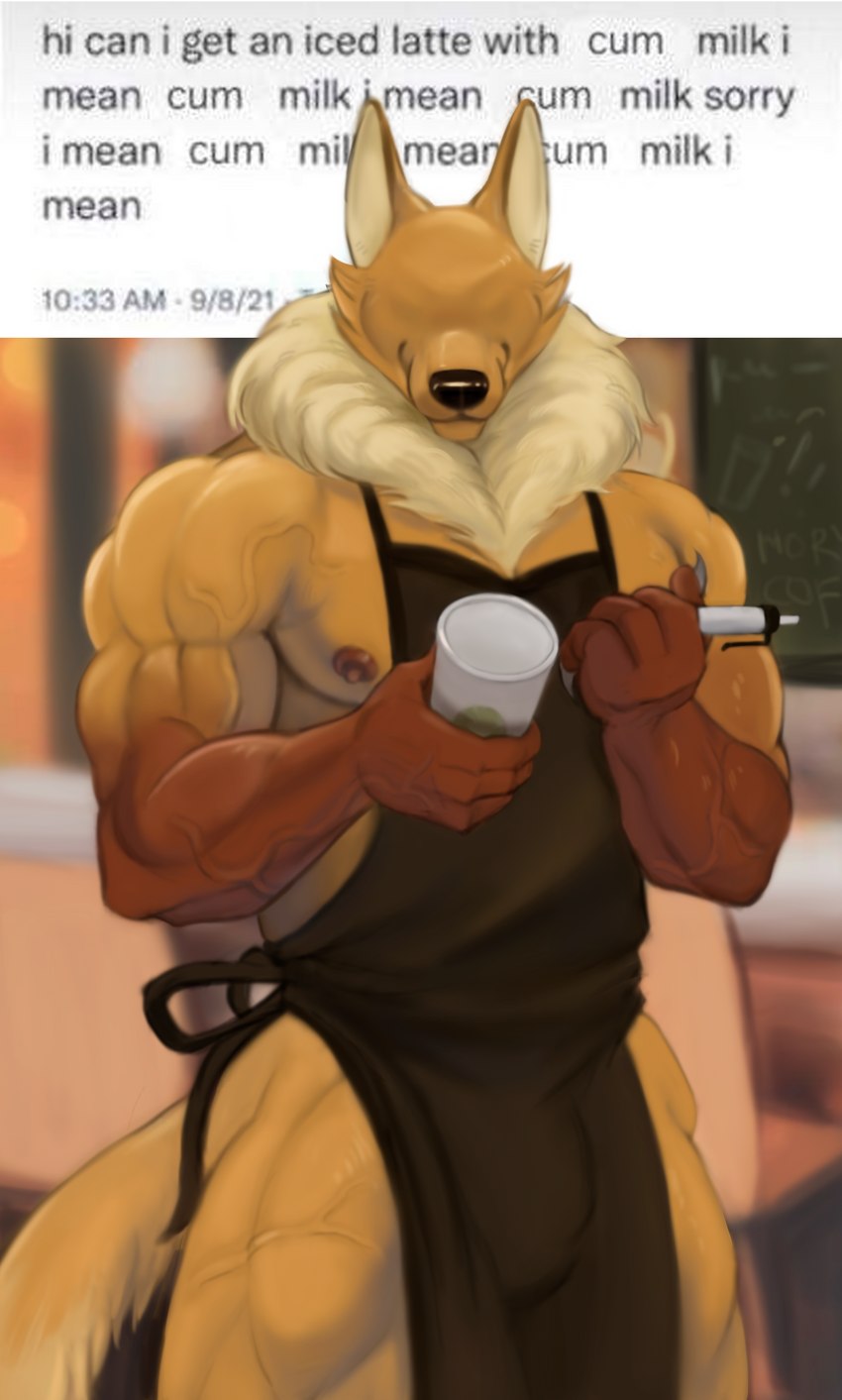 apron barista beverage bulge clothing coffee daddy_kink eyeless fluffy male maplesyrupwolf muscular muscular_male suggestive text vein chlorine_artworks i_mean_breast_milk canid canine canis mammal wolf absurd_res english_text hi_res meme