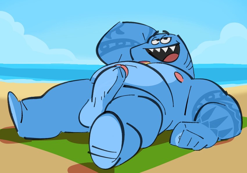 anthro balls beach blue_body genitals gills glans lying lying_on_ground male nipples on_ground penis solo tattoo teeth posduroo cartoon_network dc_comics teen_titans teen_titans_(television_series) teen_titans_go! king_shark fish marine shark hi_res