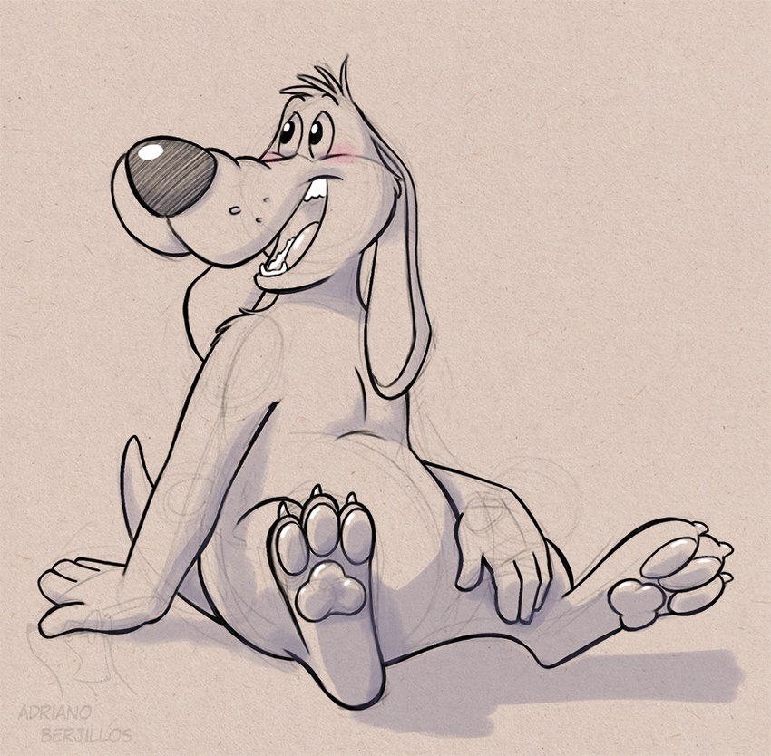 3_toes 4_fingers anthro claws fangs feet feral fingers floppy_ears happy long_ears male open_mouth open_smile sitting slightly_chubby smile solo tail teeth toes adriano_berjillos looney_tunes warner_brothers barnyard_dawg basset_hound canid canine canis domestic_dog hunting_dog mammal scent_hound