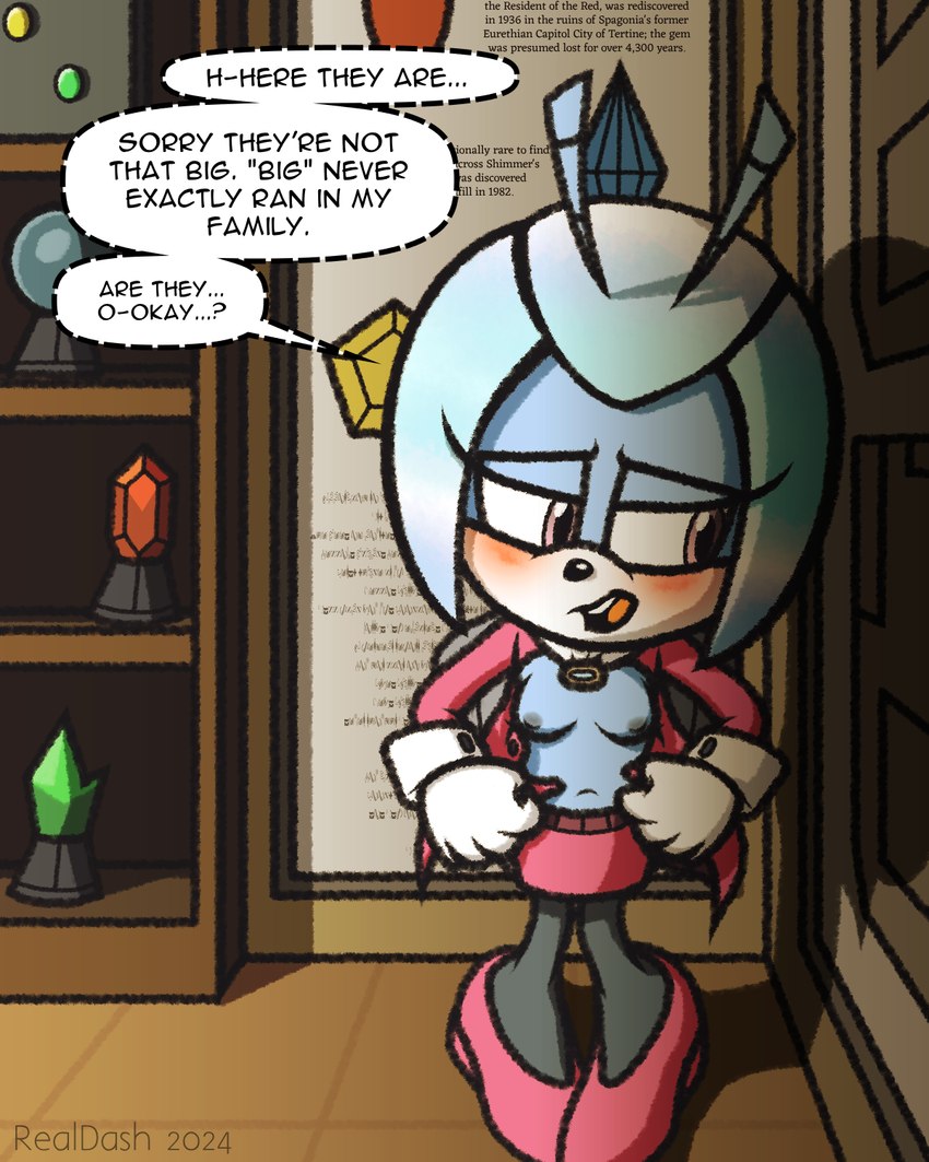 antennae_(anatomy) anthro blush bottomwear breasts clothing dialogue female flashing flashing_breasts gem legwear looking_away map nervous open_mouth pantyhose presenting presenting_breasts rupee shy skirt small_breasts solo speech_bubble text realdash idw_publishing sega sonic_the_hedgehog_(comics) sonic_the_hedgehog_(idw) sonic_the_hedgehog_(series) jewel_the_beetle arthropod beetle insect 4:5 english_text hi_res