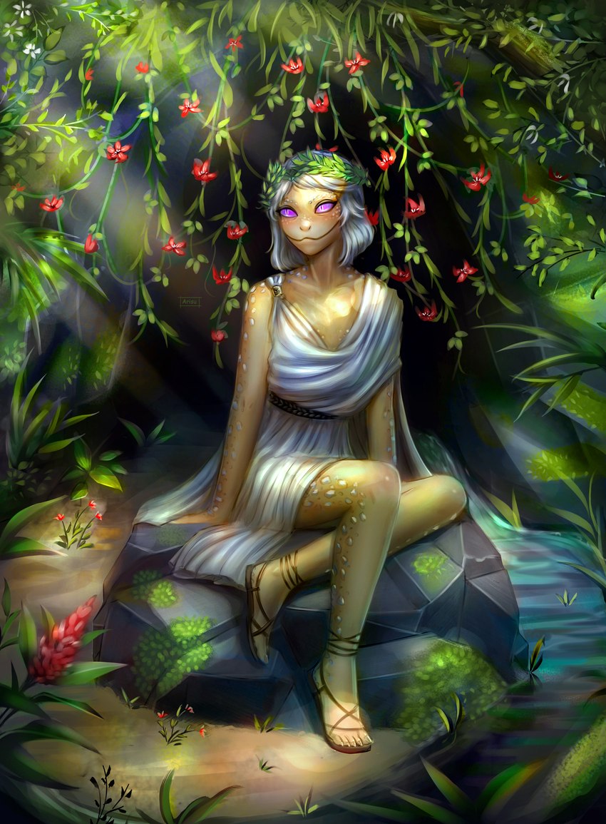 arms_by_side belt bent_legs cave clothing creek crossed_legs detailed_background female fern flower footwear laurel_wreath leg_tucked_under moss no_sclera olive_skin plant pupils purple_eyes rock sandals scales shoes sitting slit_pupils solo straight_arms toga vines white_body white_scales artbyarisu asclepia animal_humanoid humanoid reptile reptile_humanoid scalie scalie_humanoid snake_humanoid 2022 absurd_res hi_res herm_(lore)