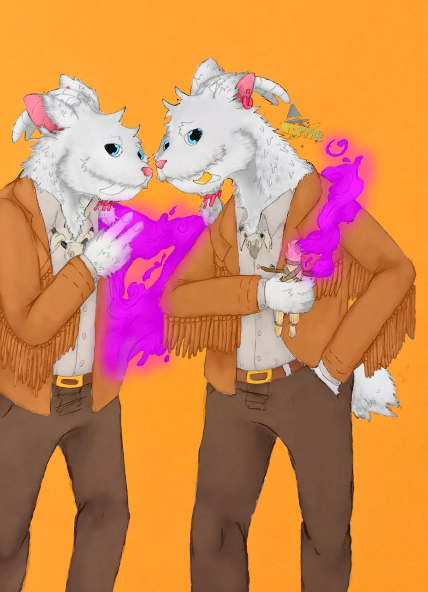 anthro blue_eyes bone bread clone cloning clothing duo fangs food fringe_clothing fur horn jewelry looking_at_viewer magic magic_user male orange_background simple_background smile teeth white_body white_fur wispypie robyn_crawford bovid caprine goat mammal vampire werecreature absurd_res hi_res