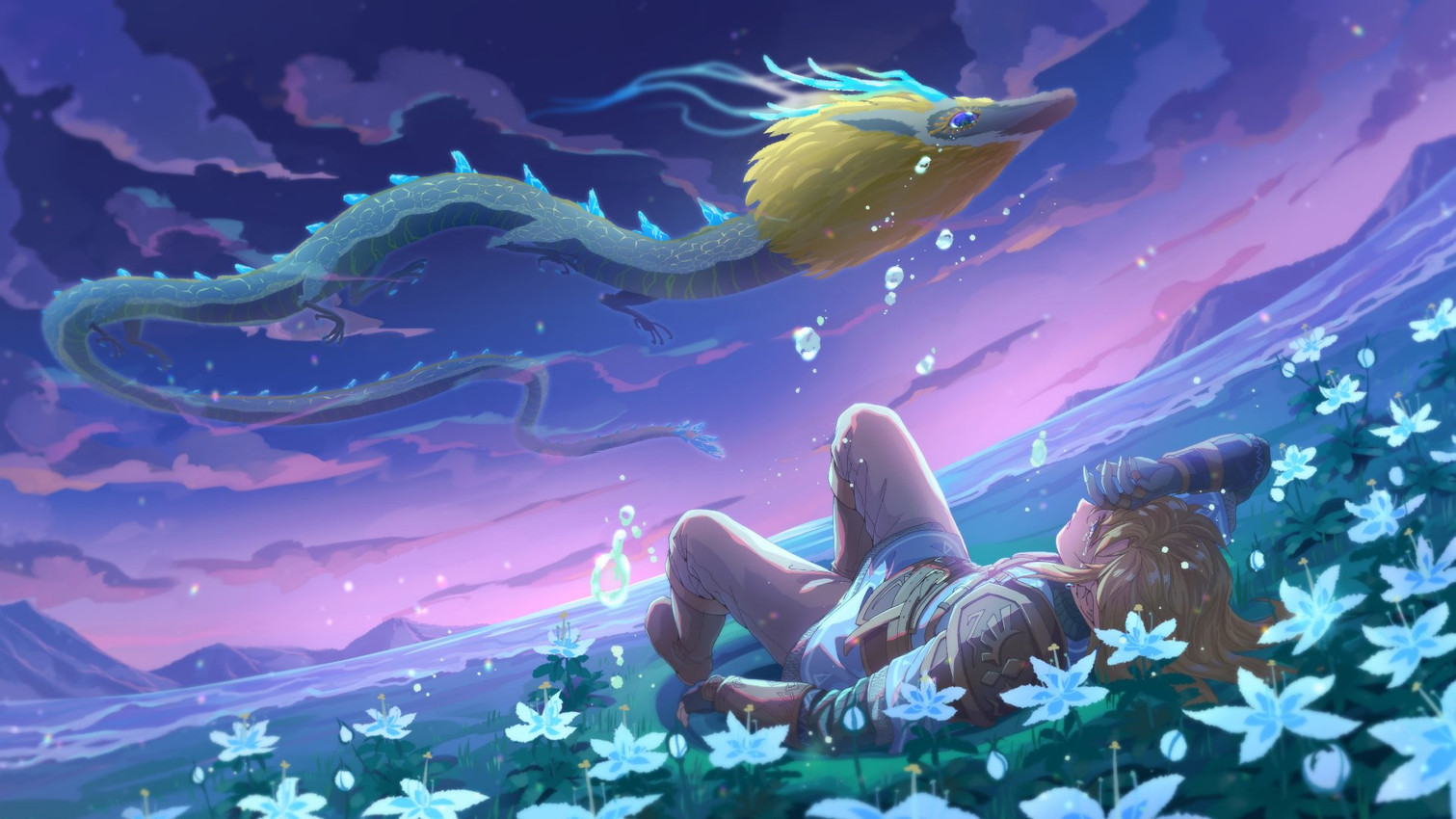 6_legs ambiguous_gender back_spikes blonde_hair bodily_fluids claws clothed clothed_humanoid clothing cloud crying duo dutch_angle eyelashes feral flower flying grass hair horn lying lying_on_ground male on_back on_ground outside plant purple_sky scales silent_princess sky spikes spikes_(anatomy) tears water white_body white_scales yukina_myu mythology nintendo tears_of_the_kingdom the_legend_of_zelda light_dragon_(totk) link dragon eastern_dragon humanoid hylian mythological_creature mythological_scalie scalie 16:9 2025 full-length_portrait hi_res portrait widescreen