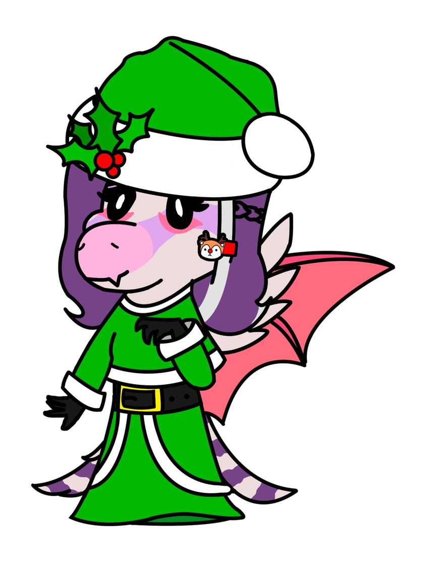 anthro blaze_(marking) christmas_clothing christmas_headwear clothing facial_markings feathers female fur_trim_(clothing) green_clothing hair hand_puppet hat head_markings headgear headwear holidays holly_(plant) markings membrane_(anatomy) membranous_wings pink_body plant puppet purple_hair santa_hat simple_background smile snout solo tail tail_feathers wings garavakarian cavemanon_studios christmas snoot_game azura_(snoot_game) fan_character dinosaur prehistoric_species reptile scalie scansoriopterygid theropod yi_qi colored hi_res