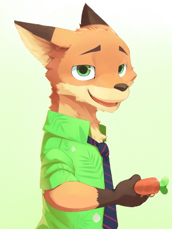 aloha_shirt anthro brown_body brown_fur brown_nose carrot_pen clothed clothing dipstick_ears ear_markings fur gloves_(marking) green_eyes holding_object holding_pen holding_writing_utensil kemono leaf_print leaf_print_clothing leaf_print_shirt leaf_print_topwear looking_aside looking_at_viewer male markings multicolored_ears necktie open_mouth open_smile orange_body orange_fur pattern_clothing pattern_necktie pattern_shirt pattern_topwear pen print_clothing print_shirt print_topwear shirt side_view simple_background smile solo striped_necktie tan_body tan_fur themed_object topwear writing_utensil moki_(artist) disney zootopia nick_wilde canid canine fox mammal red_fox true_fox 3:4 hi_res