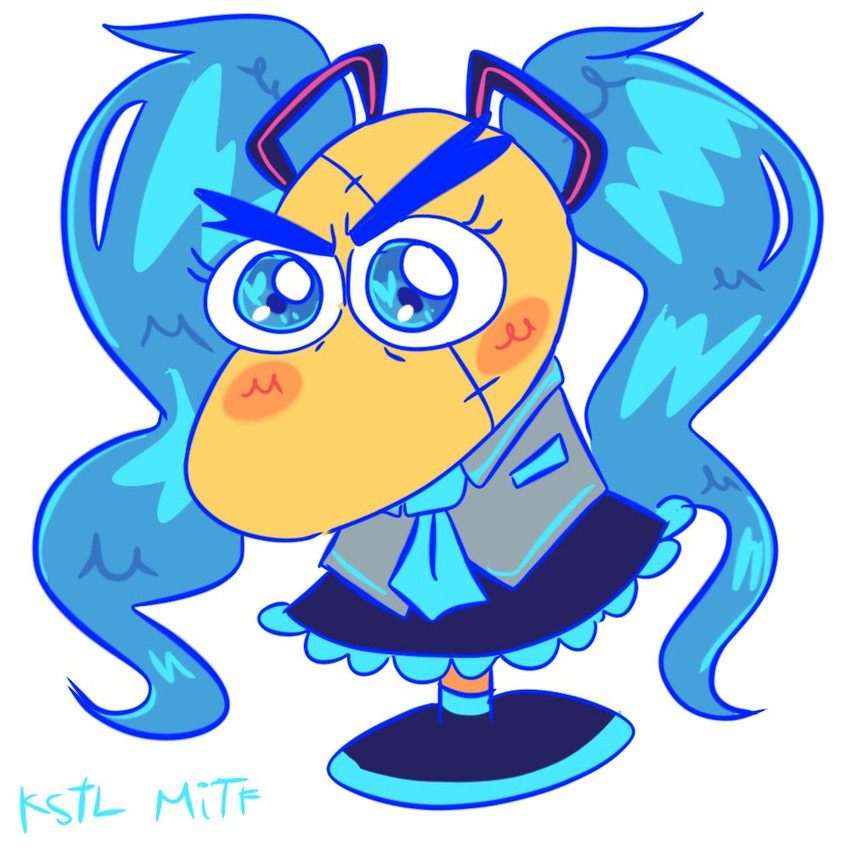 ambiguous_gender big_eyes blue_eyes blue_hair blush bottomwear clothed clothing cosplay hair long_hair mouthless necktie not_furry pigtails simple_background skirt solo text topwear vest kstl_mitf undertale undertale_(series) vocaloid hatsune_miku mad_dummy animate_inanimate 1:1 english_text signature