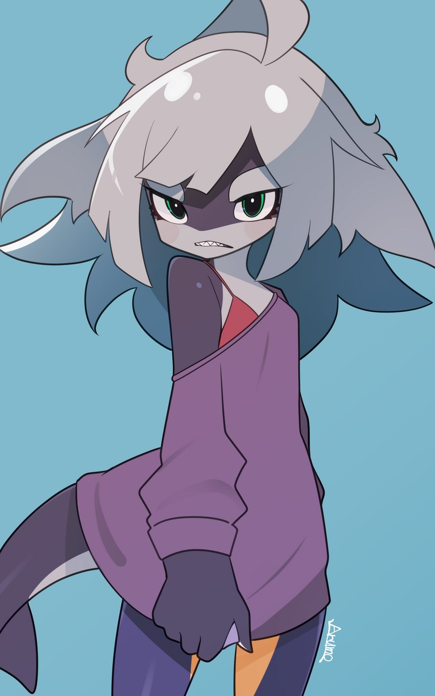 anthro blue_eyes clothing female grey_hair hair long_hair looking_at_viewer purple_clothing purple_shirt purple_topwear sharp_teeth shirt solo teeth topwear arumo cetacean dolphin mammal marine oceanic_dolphin orca toothed_whale 5:8 absurd_res hi_res