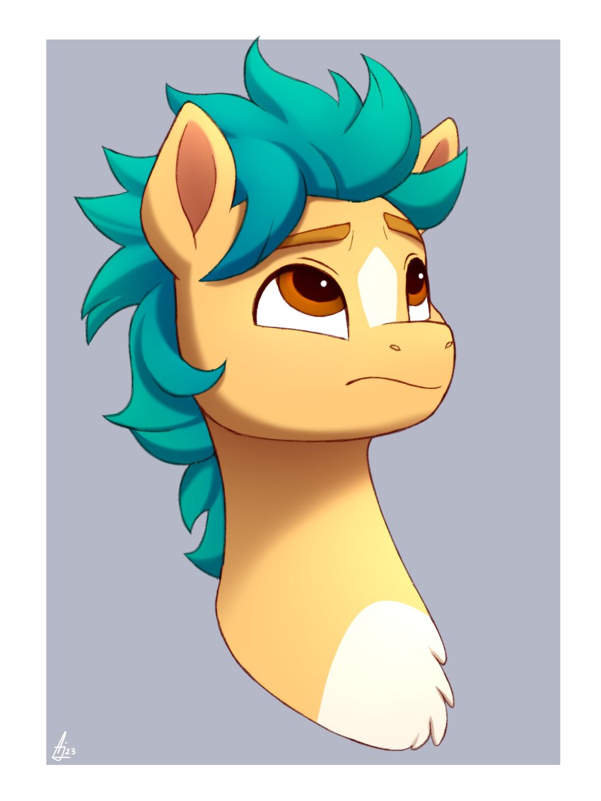 border brown_eyes chest_tuft eyebrows feral green_hair green_mane grey_background hair looking_up male mane messy_hair messy_mane simple_background solo tuft white_border luminousdazzle hasbro mlp_g5 my_little_pony hitch_trailblazer_(mlp) earth_pony equid equine horse mammal pony 2023 3:4 bust_portrait digital_drawing_(artwork) digital_media_(artwork) hi_res portrait signature