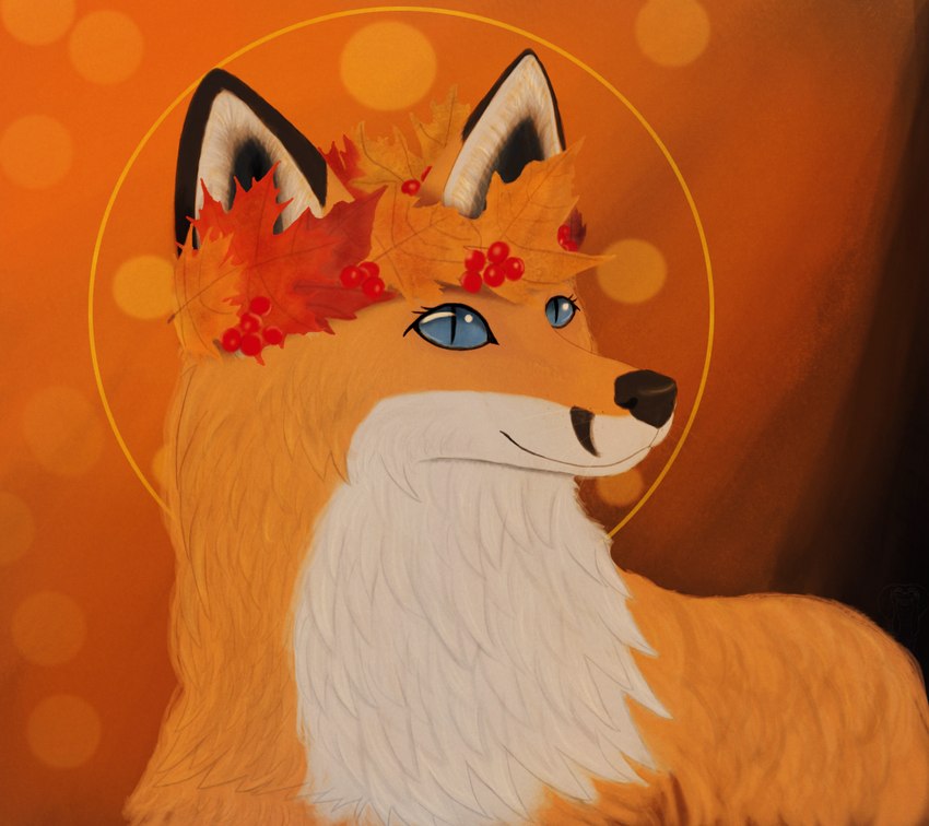 ambiguous_gender autumn autumn_leaves black_nose blue_eyes eyelashes feral fur leaf leaf_on_head mouth_closed orange_body orange_fur particles pupils simple_background slit_pupils solo white_body white_fur leprzil canid canine fox mammal 2019 digital_media_(artwork) orange_theme