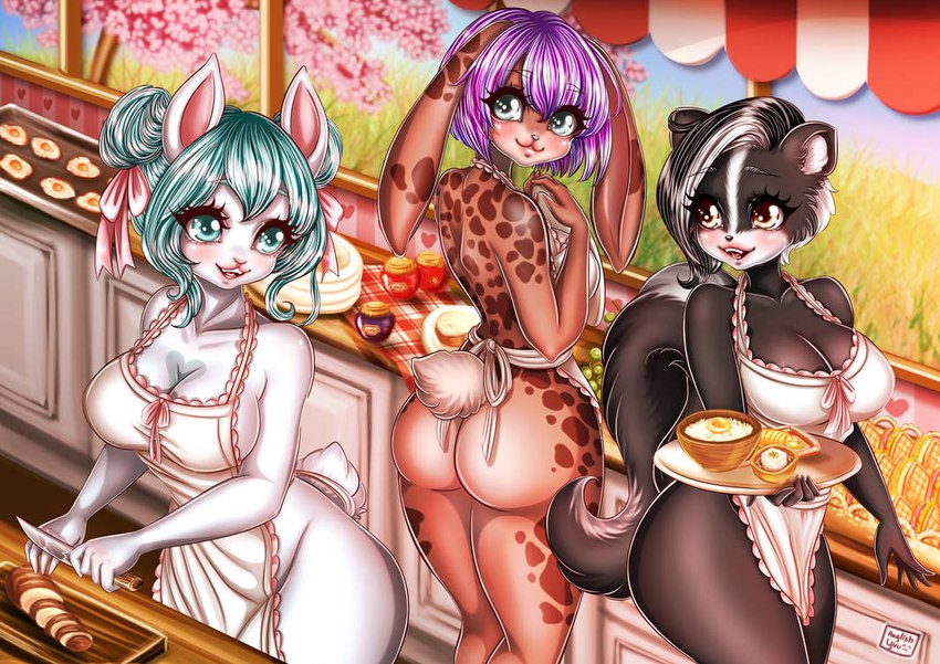 anthro apron apron_only black_body black_fur black_hair blue_body blue_eyes blue_fur blue_hair brown_body brown_fur clothing exhibitionism female food fur group hair public purple_hair restaurant trio white_body white_fur anglish baby_the_bunny lagomorph leporid mammal mephitid rabbit skunk