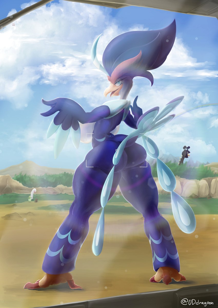 anthro beak big_breasts blue_body blue_eyes blue_feathers breasts butt camera_view day detailed_background feathers female grass group looking_at_viewer looking_back outside plant pompadour rear_view sky solo_focus standing thick_thighs uddragoon nintendo pokemon avian bird diglett farigiraf generation_1_pokemon generation_9_pokemon pokemon_(species) quaquaval smoliv wiglett 2022 absurd_res hi_res