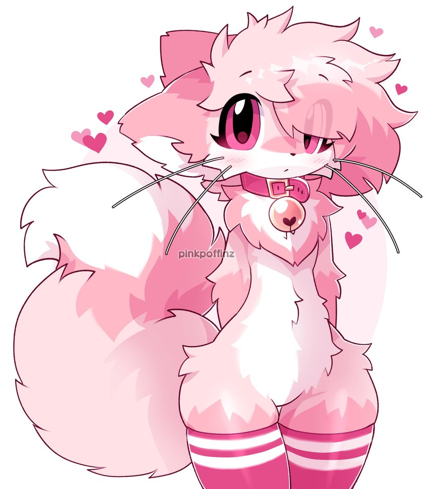 anthro bell bell_collar biped clothed clothing collar crossdressing femboy fur heart_symbol leg_warmers legwear looking_at_viewer male mostly_nude_anthro mostly_nude_male pink_body pink_eyes pink_fur slim_anthro slim_male small_waist solo standing wide_hips pinkpoffinz puffi_(pinkpoffinz) canid canine domestic_cat felid feline felis fox hybrid mammal 2024 absurd_res hi_res