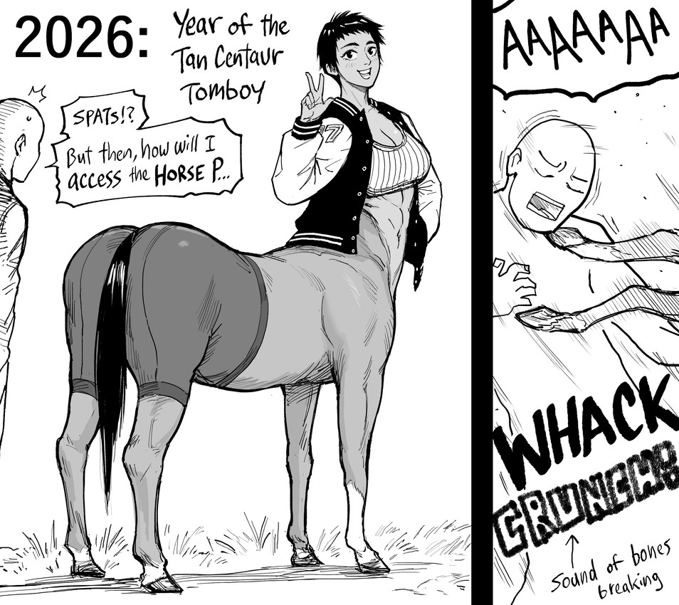 5_fingers abs attack black_clothing black_eyebrows black_eyes black_hair black_jacket black_tail black_topwear blush blush_lines bottomwear breasts cleavage clothed clothed_female clothed_taur clothing crop_top dialogue directional_arrow duo eyebrows eyelashes eyes_closed female female_taur fingers fully_clothed fully_clothed_female fully_clothed_taur fur grass grey_body grey_bottomwear grey_clothing grey_fur grey_hooves grey_shorts grey_skin hair hand_in_pocket hooves jacket kick male male_human medium_breasts motion_lines noseless onomatopoeia open_clothing open_jacket open_mouth open_smile open_topwear outside plant pockets quadruped shirt short_hair shorts sky smile smiling_at_viewer sound_effects spandex spandex_shorts spats speech_bubble standing tail teeth text thick_thighs thin_eyebrows tight_bottomwear tight_clothing tight_shorts tomboy topwear unguligrade white_body white_clothing white_crop_top white_skin white_sky white_topwear year yelling baalbuddy chinese_zodiac european_mythology greek_mythology mythology year_of_the_horse centaur equid equid_taur human humanoid_taur mammal mammal_taur taur 2025 absurd_res comic digital_drawing_(artwork) digital_media_(artwork) english_text greyscale hi_res monochrome multiple_scenes shaded