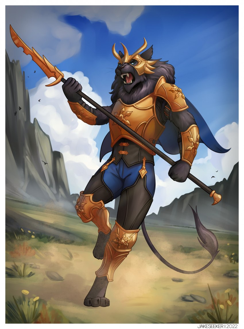 anthro armor cloak clothed clothing fingers fur hair headgear holding_object male melee_weapon open_mouth outside polearm simple_background solo tail tail_tuft teeth tuft weapon jakeseeker felid lion mammal pantherine digital_media_(artwork) hi_res