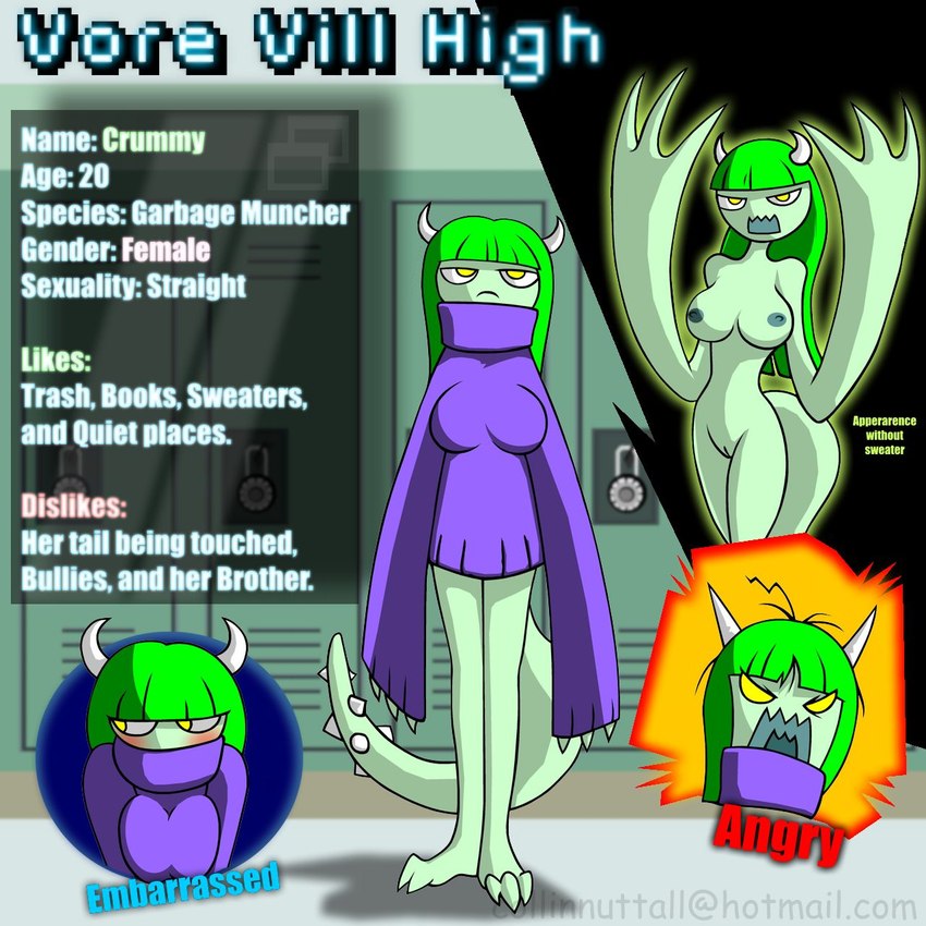 angry bottomless breasts character_bio claw_fingers claws clothed clothing female genitals green_body green_hair green_nipples green_skin hair high_school horn lock locker nipples not_furry nude purple_clothing purple_sweater purple_topwear pussy school solo spiked_tail spikes spikes_(anatomy) sweater sweater_only tail text toe_claws topwear topwear_only yellow_eyes slushy humanoid monster 1:1 english_text hi_res