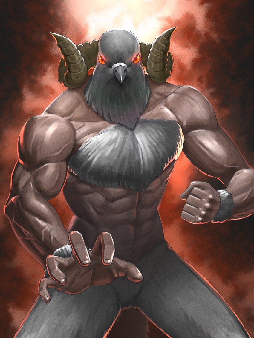 abs beak biceps chest_tuft feathers fur glowing glowing_eyes grey_body grey_feathers grey_fur horn looking_at_viewer male mascot muscular muscular_male solo tuft vein yoshimi hololive vtuber hatotaurus avian bird bovid canid canine canis caprine chimera columbid dove mammal mouflon ovis sheep wild_sheep wolf hi_res