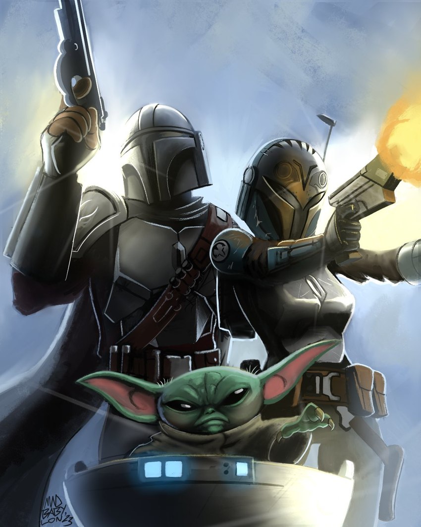 3_fingers angry armor black_eyes cape claws clothed clothing female finger_claws fingers fully_clothed green_body grogu's_pram group headgear helmet holding_object holding_weapon human_focus male ranged_weapon trio weapon madbabylon star_wars the_mandalorian bo-katan_kryze din_djarin din_grogu human mammal yoda's_species 2023 4:5 hi_res