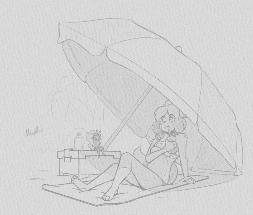 anthro barefoot beverage bikini bikini_top blush clothing duo feet female holding_beverage holding_object on_towel parasol sitting smile swimwear towel two-piece_swimsuit mewmus animal_crossing nintendo isabelle_(animal_crossing) rose_(mewmus) canid canine canis domestic_dog fairy humanoid mammal 2022 digital_media_(artwork) hi_res monochrome