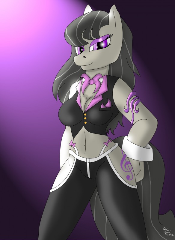 anthro anthrofied biped black_hair bow_(feature) bow_tie breasts cleavage clothed clothing cutie_mark female fur grey_body grey_fur hair hooves long_hair looking_at_viewer navel purple_eyes smile solo standing collinscorpio friendship_is_magic hasbro my_little_pony octavia_(mlp) earth_pony equid equine horse mammal pony absurd_res hi_res