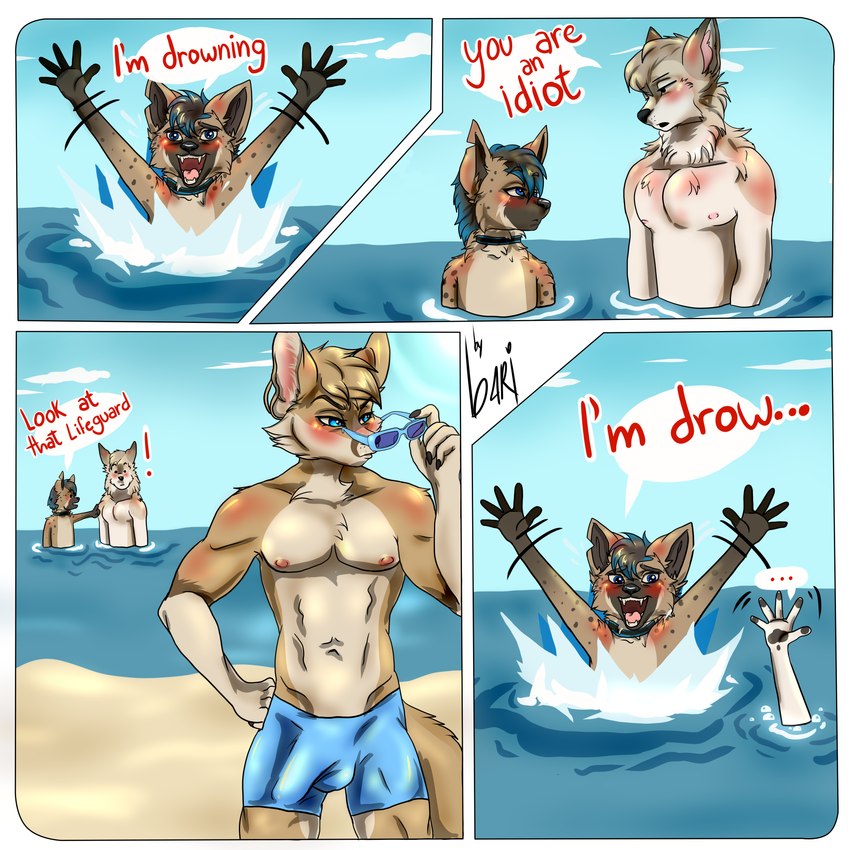 anthro areola athletic athletic_anthro athletic_male attention_seeking beach biped bulge clothing detailed_bulge dialogue erection erection_under_clothing fake_drowning genital_outline group hair male male_anthro nipples outside pecs penis_outline sand seaside sky text trio bari_ricardo_artwork athene_averheim kete_wawakari wolfe_decker canid canine canis fennec_fox fox hyena mammal true_fox wolf 1:1 absurd_res comic digital_media_(artwork) english_text hi_res