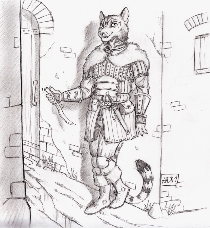 5_fingers alley anthro armor belt belt_pouch biped boots bottomwear breastplate brooch buckle cheek_tuft clothed clothing corner dagger detailed_background door facial_tuft fingers footwear fully_clothed fur fur_clothing fur_markings fur_pelt gambeson holding_knife holding_object holding_weapon knife leaning_on_wall leather leather_armor male markings melee_weapon outside pants poleyn scabbard shadow shoes smile solo spaulder standing stole straps street_corner striped_markings striped_tail stripes tail tail_markings tuft vambrace weapon window 0laffson microsoft the_elder_scrolls j'khasha_(stabbykeith1985) felid khajiit mammal 2018 full-length_portrait graphite_(artwork) hi_res portrait signature sketch traditional_media_(artwork)