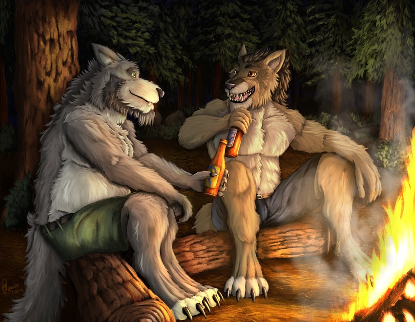 alcohol anthro beard beer beer_bottle belly beverage big_belly bottle bottomwear brown_body brown_fur camp campfire clothing container drinking duo facial_hair fire forest fur green_eyes grey_body grey_fur grin lean_body log male male/male night overweight overweight_male plant shirtless shorts sitting slightly_chubby smile smoke teeth tree wood yellow_eyes yenocwolf yenoc canid canine canis mammal red_wolf wolf absurd_res hi_res