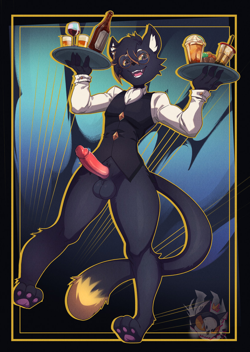 alcohol anthro balls beer beverage black_body black_fur bottle bottomless bottomless_anthro bottomless_male clothed clothing container dipstick_tail erection eyewear fangs fur genitals glans glasses humanoid_genitalia humanoid_penis inner_ear_fluff male markings open_mouth open_smile pawpads penis smile solo tail tail_markings teeth tuft waiter wine mr._deathcat knight_(knight) domestic_cat felid feline felis mammal 2026 absurd_res hi_res