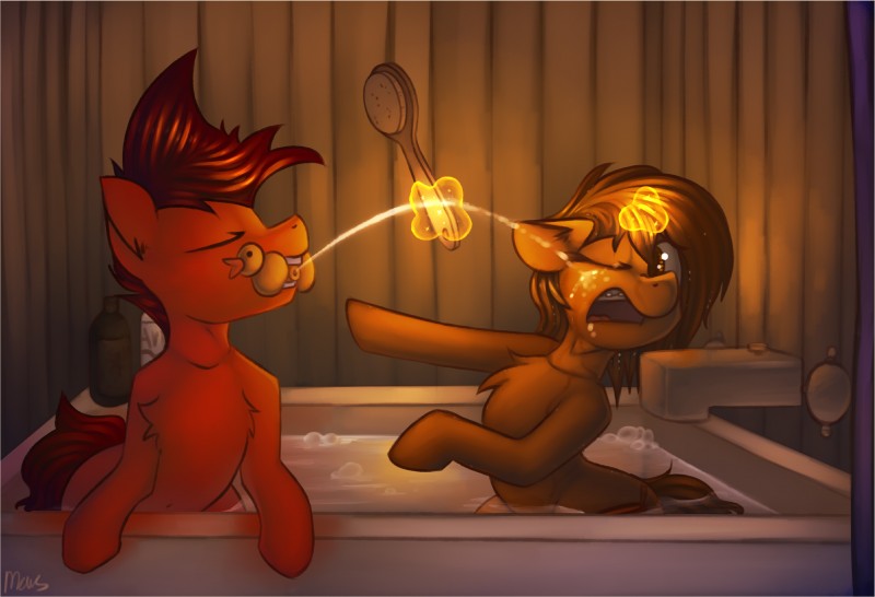 bath brown_hair brush bubble duo female feral hair male water marsminer hasbro my_little_pony fan_character mars_miner venus_spring equid equine horse mammal pony 2017 hi_res