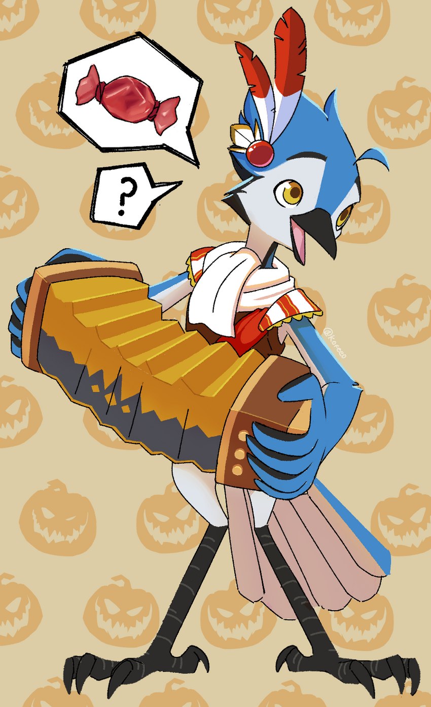 anthro bandoneon beak blue_body candy clothed clothing cosplay costume dessert feathers food halloween_costume holidays male multicolored_body multicolored_feathers musical_instrument open_mouth pattern_background simple_background solo standing yellow_eyes kofeeo breath_of_the_wild halloween nintendo the_legend_of_zelda james_(bluepegasi) avian bird blue_jay corvid jay_(bird) new_world_jay oscine passerine digital_media_(artwork) hi_res pictographics