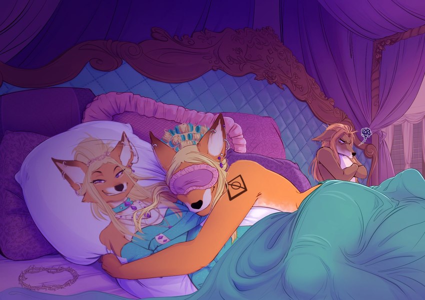 anthro bed black_nose blindfold blonde_hair body_pillow crown dakimakura dakimakura_pillow duo ear_chain ear_piercing ear_ring eyemask eyewear female fur furniture hair hair_curlers headgear hug hugging_object hugging_pillow jealous looking_at_another lying mask narcissism nude on_side orange_body orange_fur piercing pillow purple_eyes ring_piercing sleep_mask tiara under_covers nanihoo shemeshka_the_marauder_(planescape) shylara_the_manged_(planescape) arcanaloth_(dnd) canid canine canis fox jackal mammal yugoloth hi_res