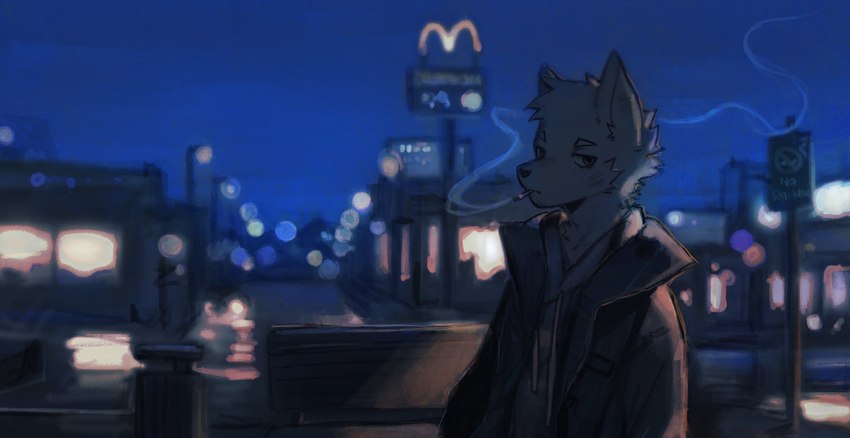 anthro biped cigarette cigarette_in_mouth fur looking_at_viewer male night object_in_mouth red_eyes slim_anthro slim_male solo white_body white_fur itooku mcdonald's itooku_(character) canid canine canis mammal wolf 2022 hi_res