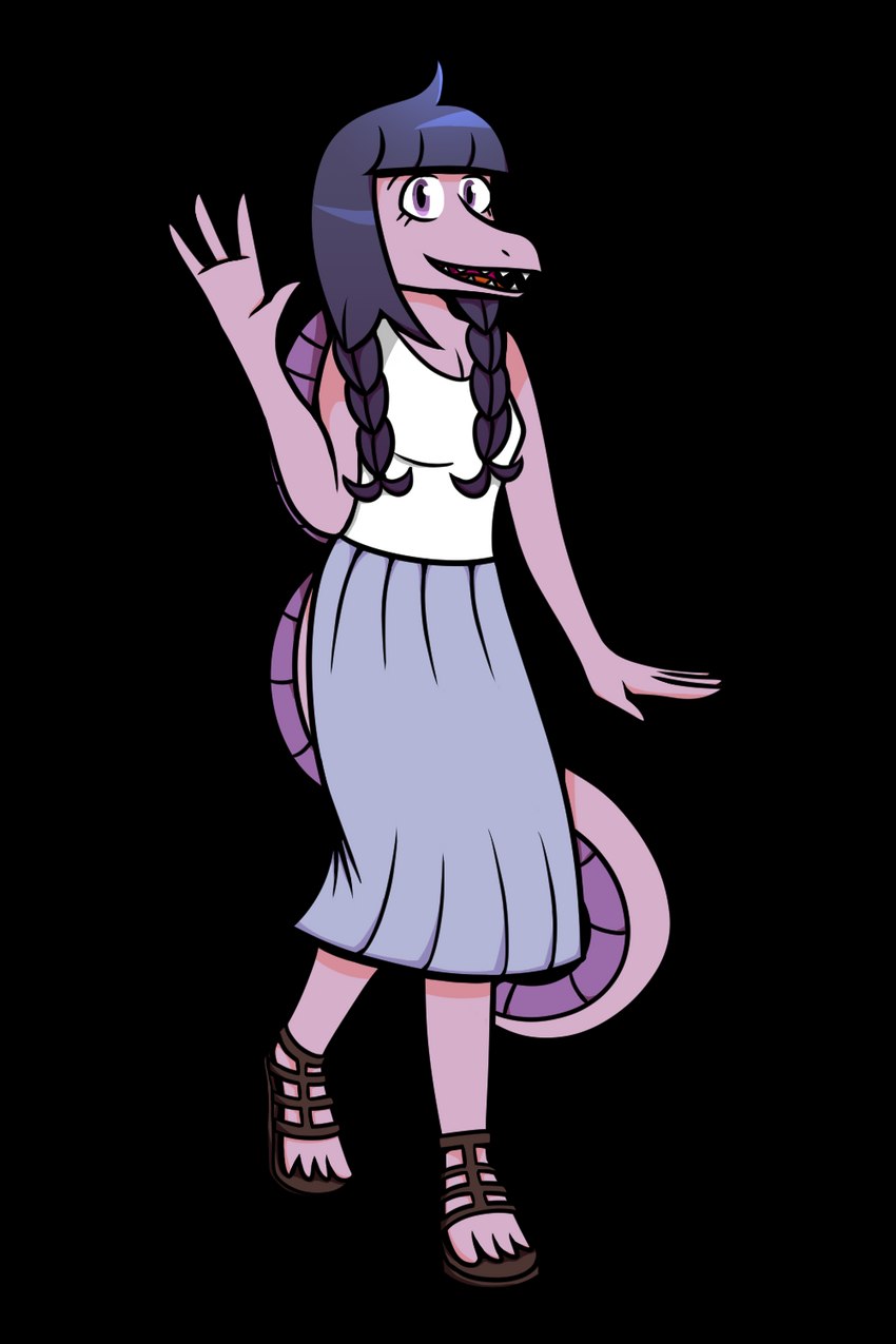 anthro bottomwear braided_hair clothed clothing female gesture hair long_hair looking_at_viewer purple_body purple_eyes sharp_teeth simple_background skirt solo teeth transparent_background waving waving_at_viewer machacapigeon cavemanon_studios goodbye_volcano_high snoot_game rosemary_(snoot_game) dinosaur prehistoric_species reptile scalie 2:3 alpha_channel hi_res